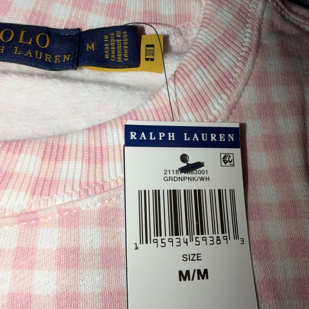 Medium Polo Ralph Lauren Gingham Fleece Sweatshirt Pink White - Picture 2 of 13